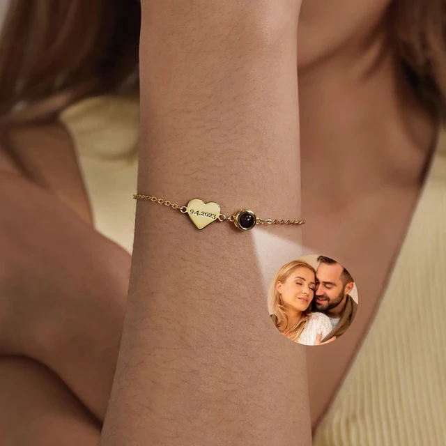 Bracelet de Projection personnalisé avec Photo et nom pour femmes, Bracelet avec image en cœur gravé, bijoux commémoratifs pour meilleur ami, cadeau 1