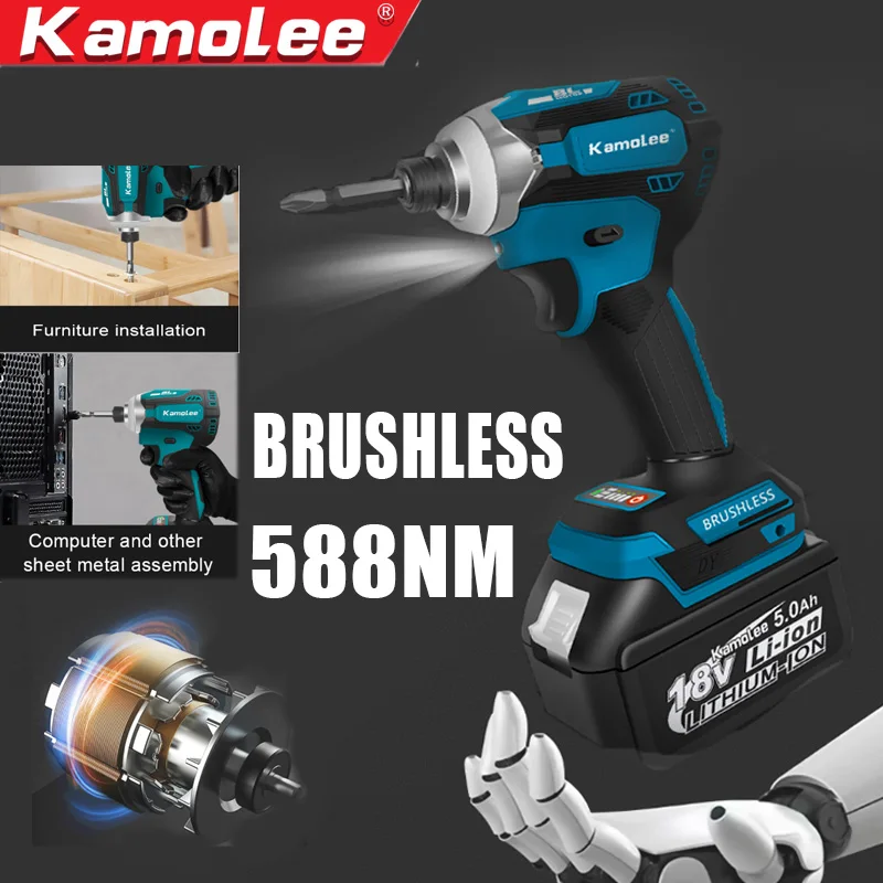 Kamolee 588Nm Avvitatore Elettrico A Percussione Senza Fili Avvitatore A 5 Velocità Utensile Elettrico 1/4 "Con 3 Luci A Led Per Batteria Makita