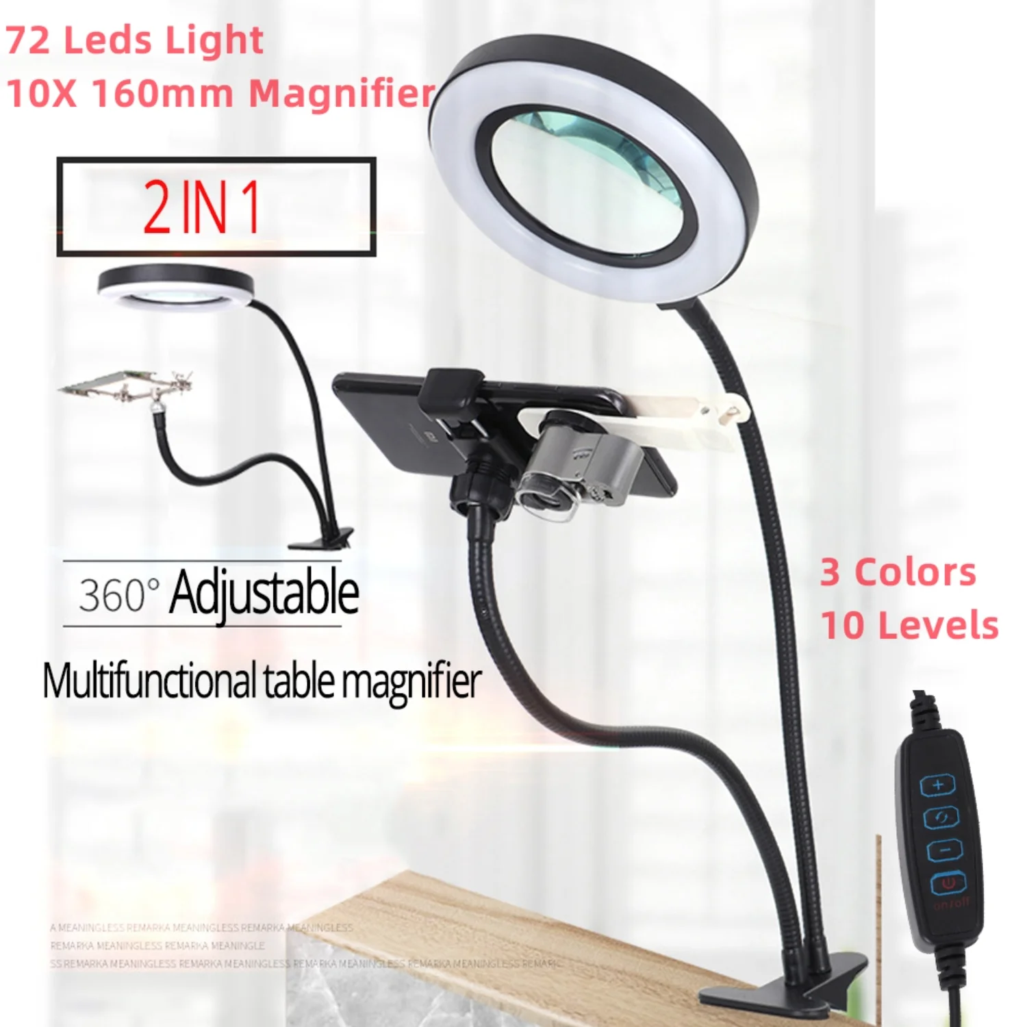 

10X Magnifying Glass with 72 LED Light Magnifying Lamp Clip On Illuminated Magnifier Selfie Ring Light with Phone Holder Metal