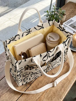 Beige Corduroy Tote Bag with Black Bow Print – Large Capacity - Image 3