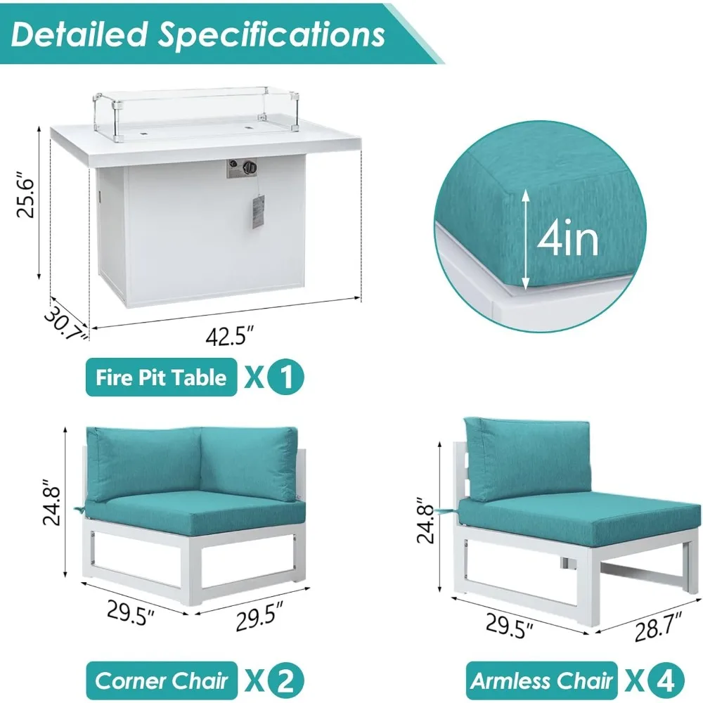 Aluminum terrace furniture with fire pit dialogue set, equipped with 29 inch deep seats (sky blue with white aluminum) 4