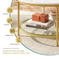 JHK 31IN Marble Round Coffee Table For Living Room 2-Tier Center Counter with Storage Metal Frame Glass Base Tables Modern 5