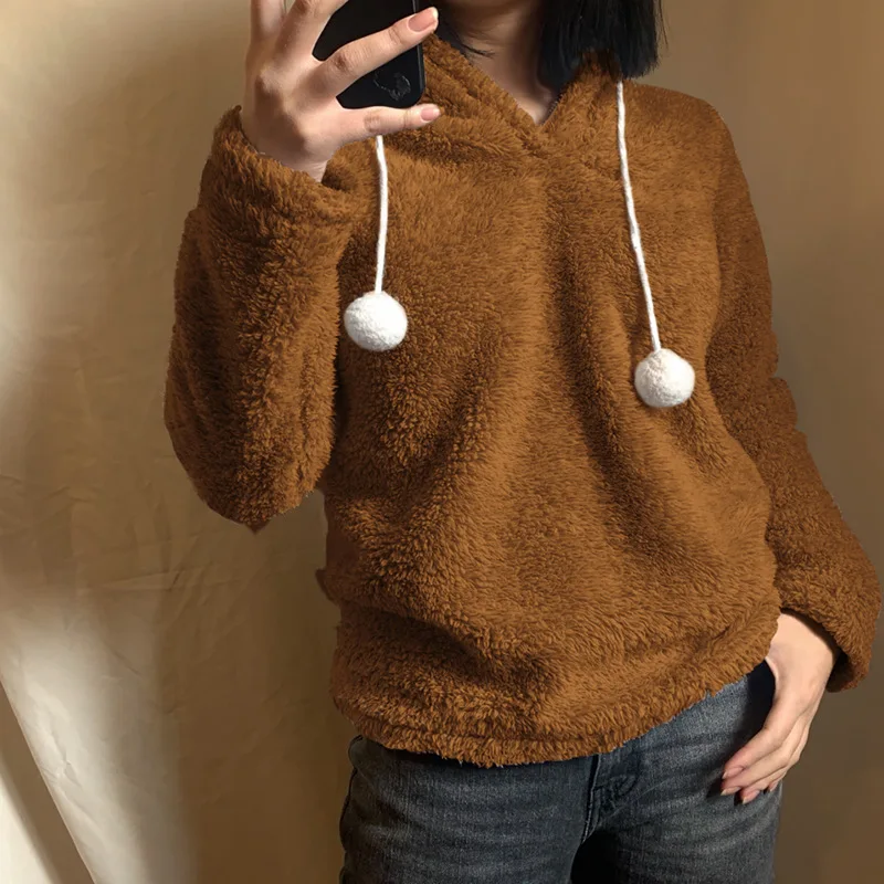 Long-sleeved Hooded Cropped Top Solid Color Pullover Autumn And Winter Clothes Fashion Casual Women's Plush Fleece Sweatshirt
