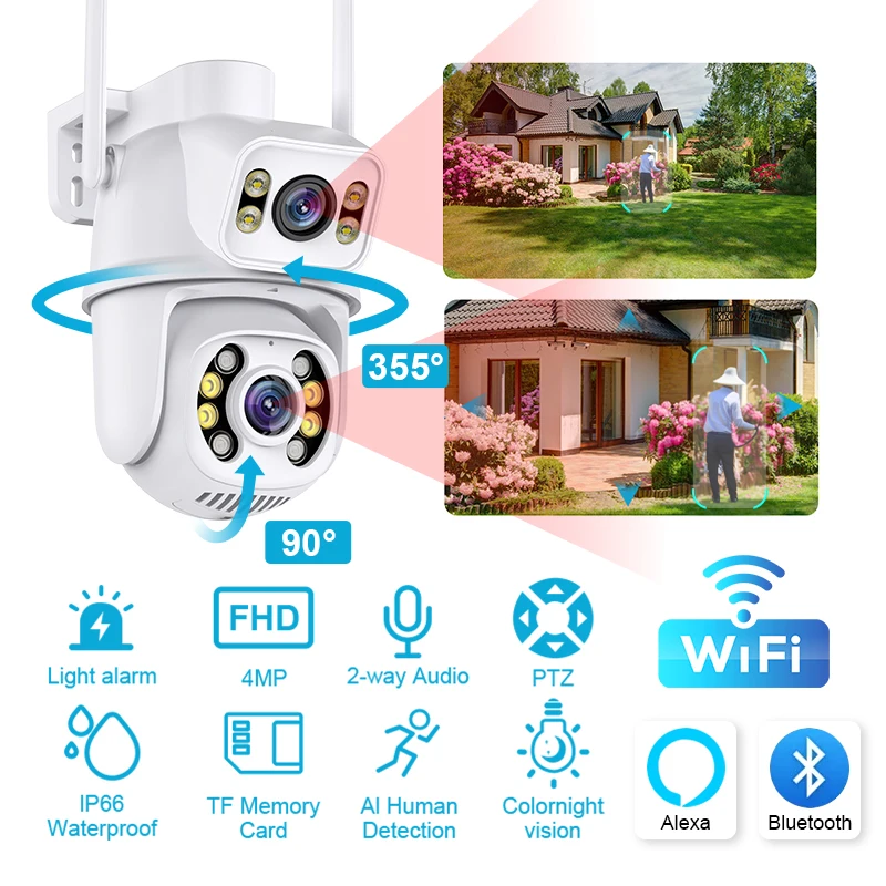 

8MP Wifi Camera with Dual Screen Outdoor Security Surveillance Camera Ai Human Detect Auto Tracking Support Night Color Cam