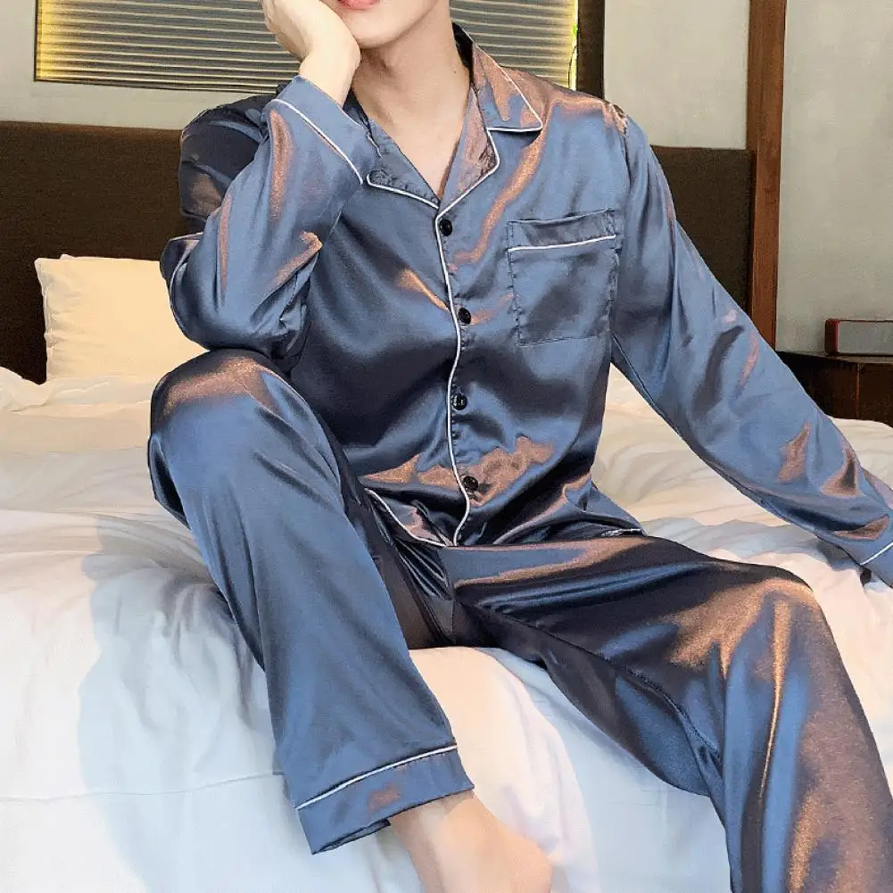 

Men Relaxation Set Men's Summer Pajama Set with Long Sleeve Shirt Wide Leg Pants Solid Color Sleepwear with Elastic for Comfort
