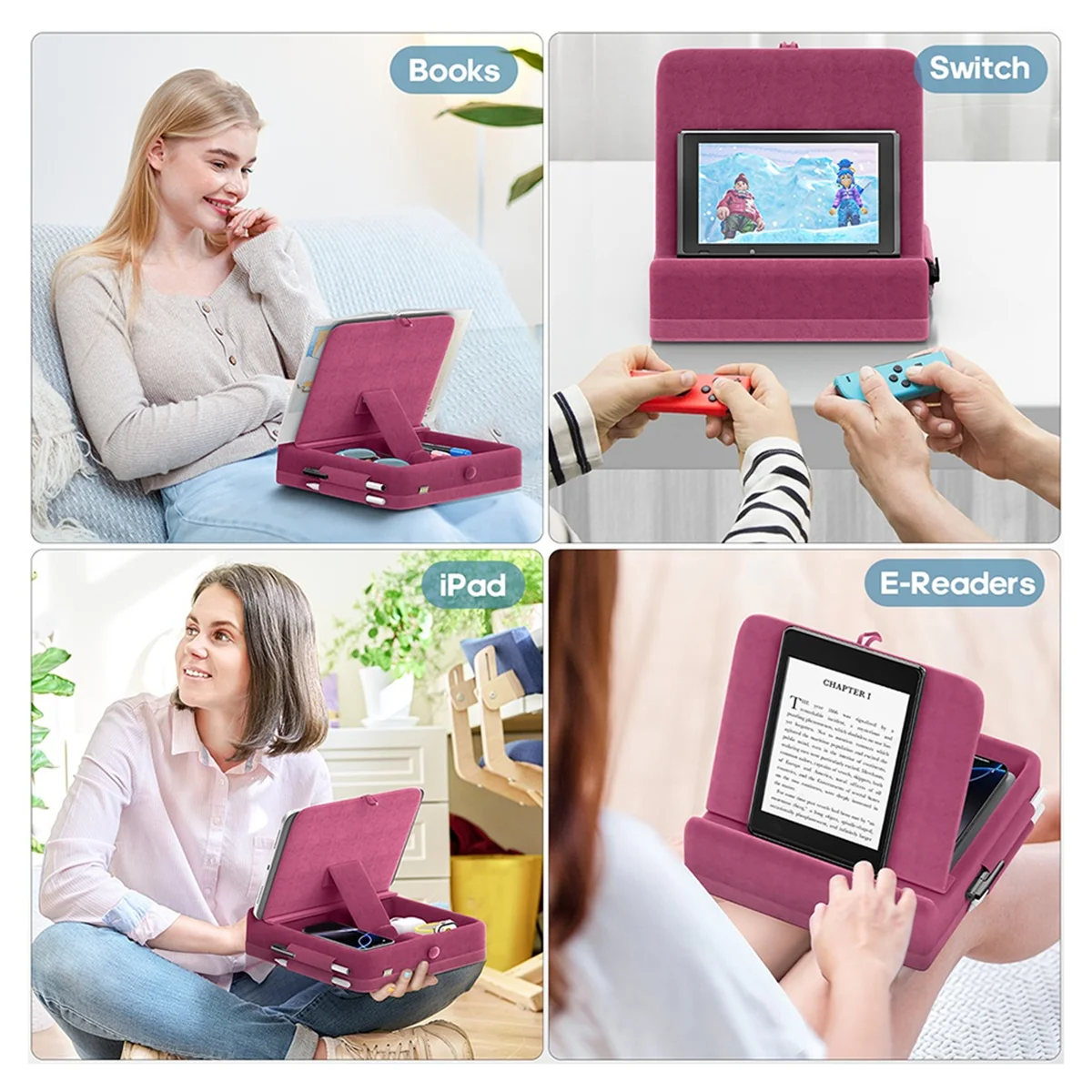 A04R-Tablet Pillow Stand with Storage Foldable Holder Angle Adjustable Soft Pad Dock for Bed and Laptop and Desk Rose Red