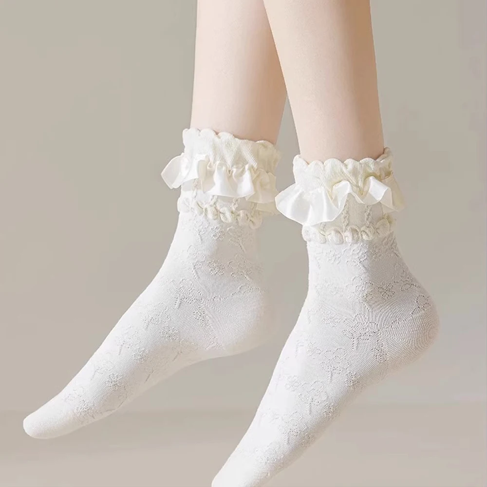 Pack of 5 Pairs Lolita Socks White Bow Lace Socks Middle Tube Japanese College Style Princess Sweet JK Cute Streetwear