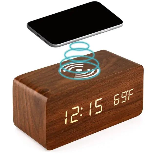 Wooden Digital Alarm Clock 3 Alarms Led Display Wireless 2