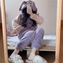 

Plus Velvet Thick Thick Warm Pajamas Cute Sweet Simple Loose Autumn and Winter New Coral Velvet Home Service