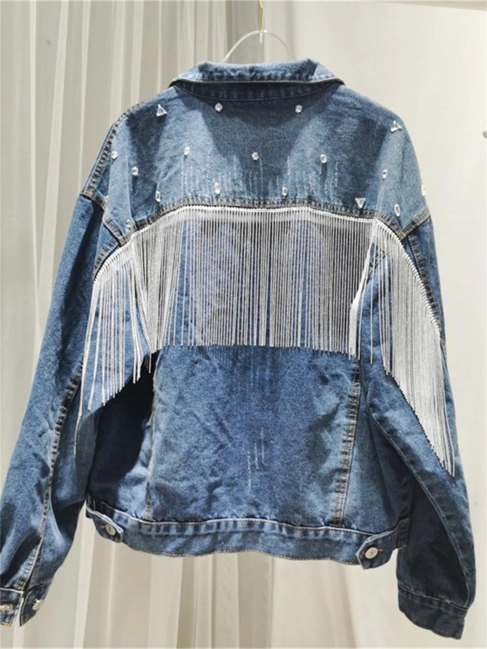 

Spring Autumn Denim Jacket Women Fashion Bead Tassel Dolman Sleeve Vintage Jacket Casual Women Coat Party Stage Costumes Y2K