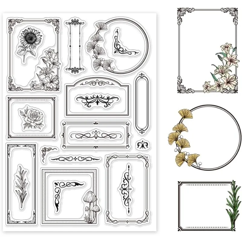 Botanical Border Clear Stamps Mixed Shapes for Cards Making Roses Mushrooms Lace Corner 1pc 5.83x8.27inch Clear Stamp Seals clear stamps clear rubber stamps