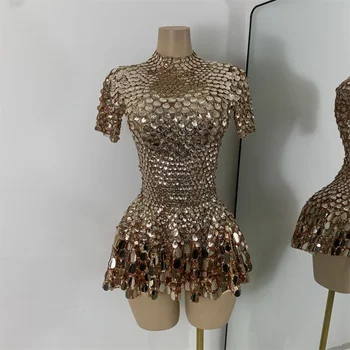 Hot Sale 2025 Sexy Women Short Sleeve Sparkly Sequins Stage Dress Luxury Evening Party Nightclub Performance Costume Stage Wear 1