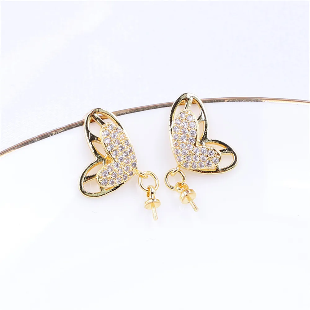 Domestically Produced 14k Gold Plated Color Hollow Butterfly Inlaid with Zircon Pearl Earrings DIY Accessories for Women