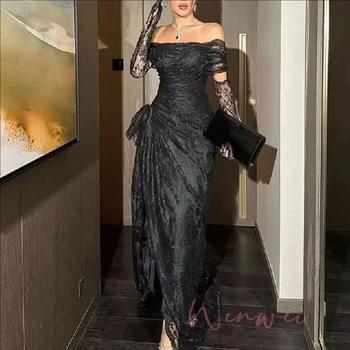 Black Evening Gown Long Sleeve Prom Dresses 2025 Customsized Off Shoulder High Slit Saudi Arabic Pleated Retro Matching