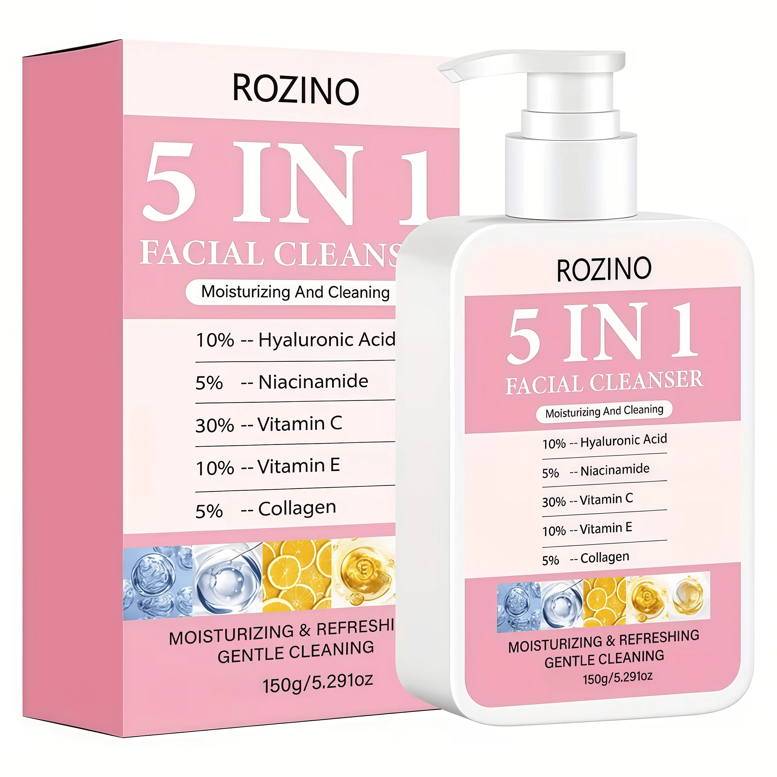 Hydrating and Brightening 5-in-1 Facial Cleanser with Hyaluronic Acid, Niacinamide, Vitamin C, Vitamin E, and Collagen - Deep Cleansing and Moisturizing Formula for Radiant Skin