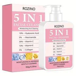 Hydrating and Brightening 5 - in - 1 Facial Cleanser with Hyaluronic Acid, Niacinamide, Vitamin C, Vitamin E, and Collagen - Deep Cleansing and Moisturizing Formula for Radiant Skin (1 Piece)