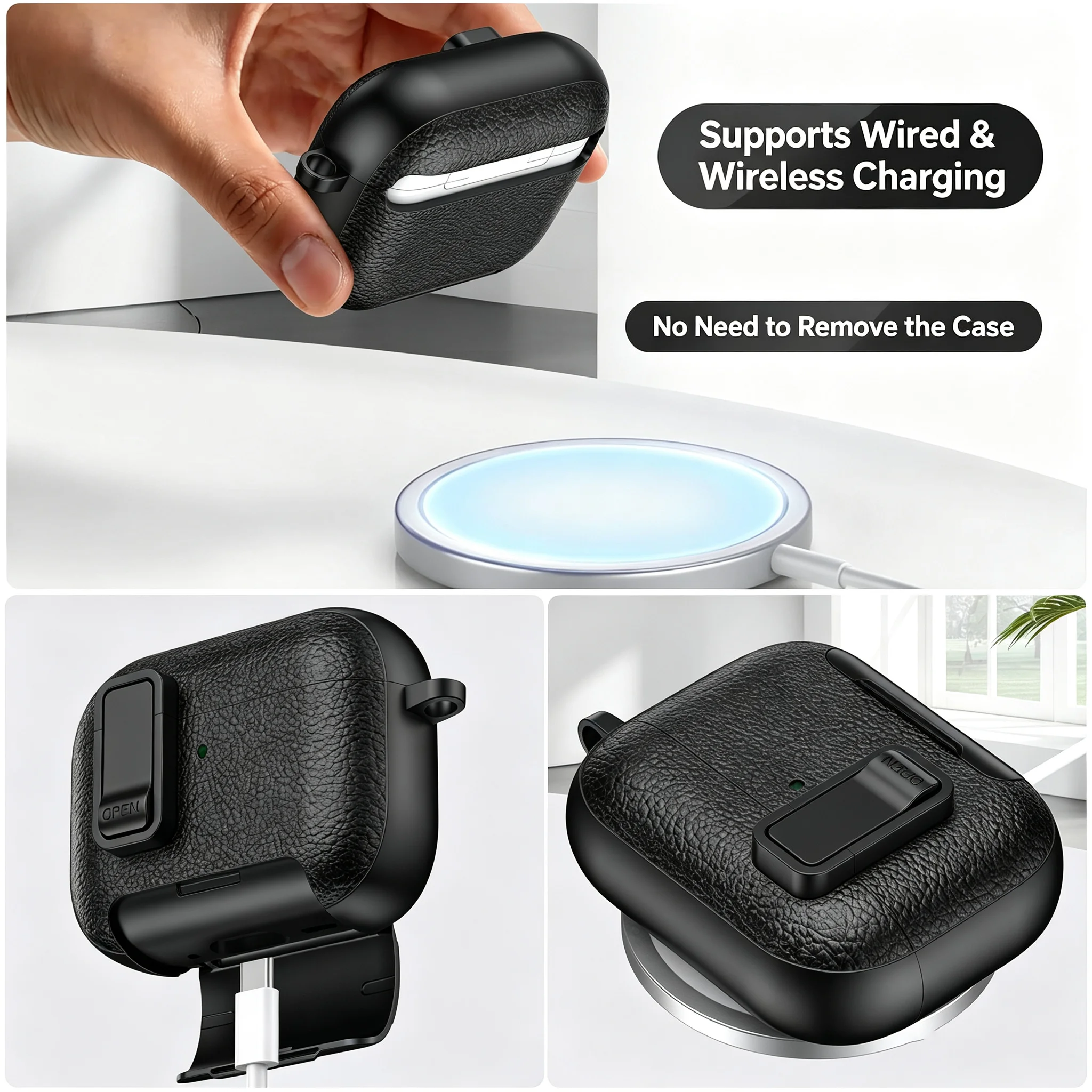 Deluxe AirPods Protective Case with Anti-Lost Lock & Phone Stand, Includes Free Cleaning Tool