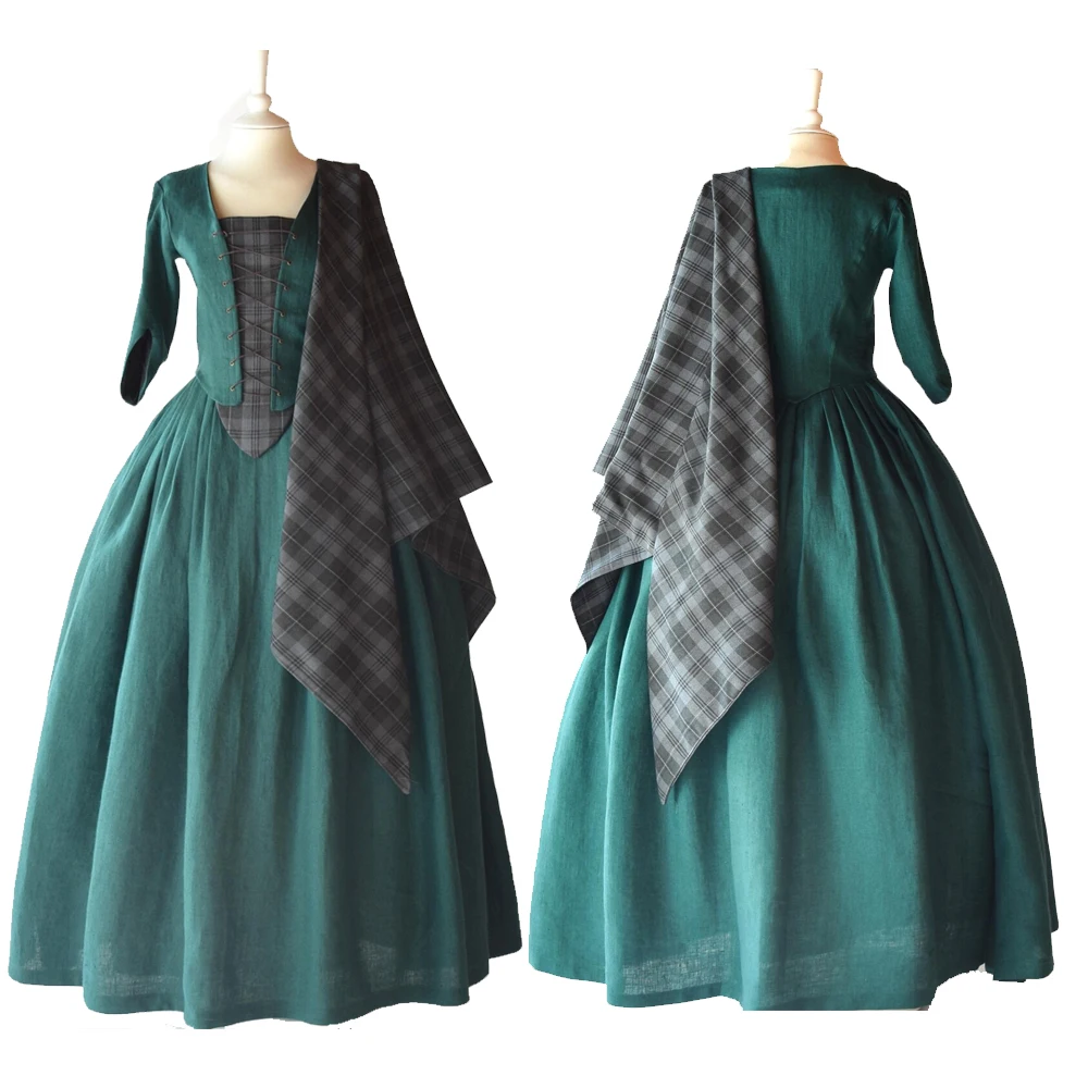

TV Series Outlander Claire Fraser Cosplay Costume Women's Dark Green Linen and Granite Grey Tartan Halloween Party Outfits