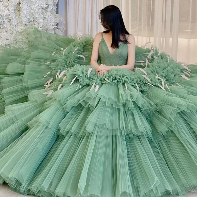 Xijun Sage Green Tiered Ruffles Tulle Evening Dresses Korea Women V-Neck  Spaghetti Strap Pleat Ruched Prom Gown Formal Dress - AliExpress