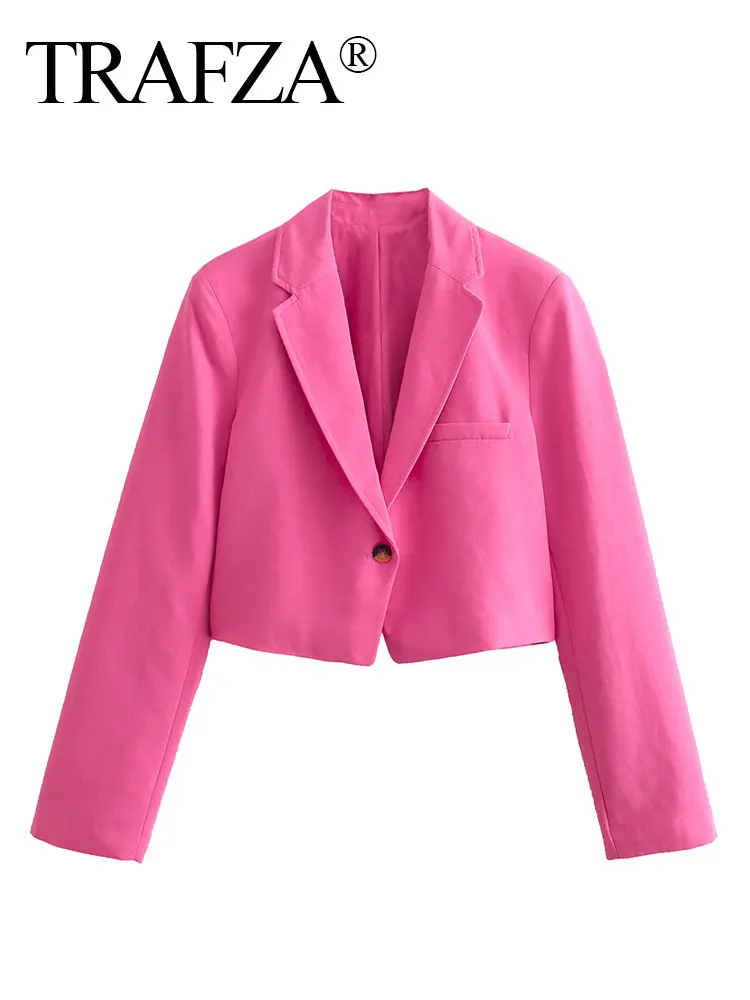 HH Women Cropped Blazer Coat Sweet Pink Single Button Long Sleeve Slim Jacket Spring Autumn Female Commuting Suits Outwear