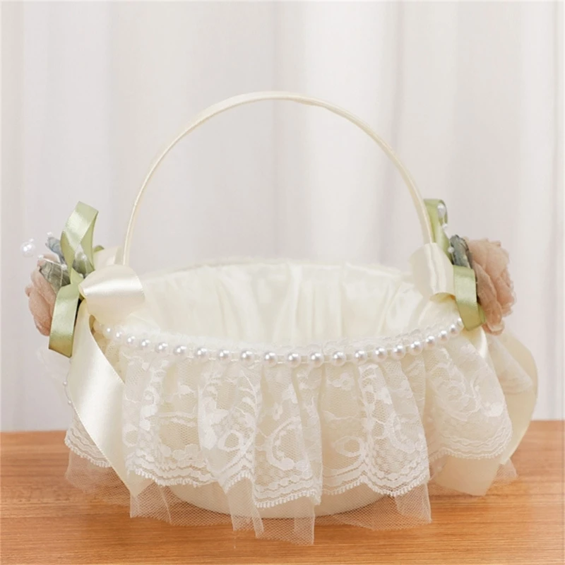 Wedding Flower Girl Basket Simple Lace Rose Flowers Baskets for Bridesmaid Candy Gift Basket Ceremony Bride Engagements