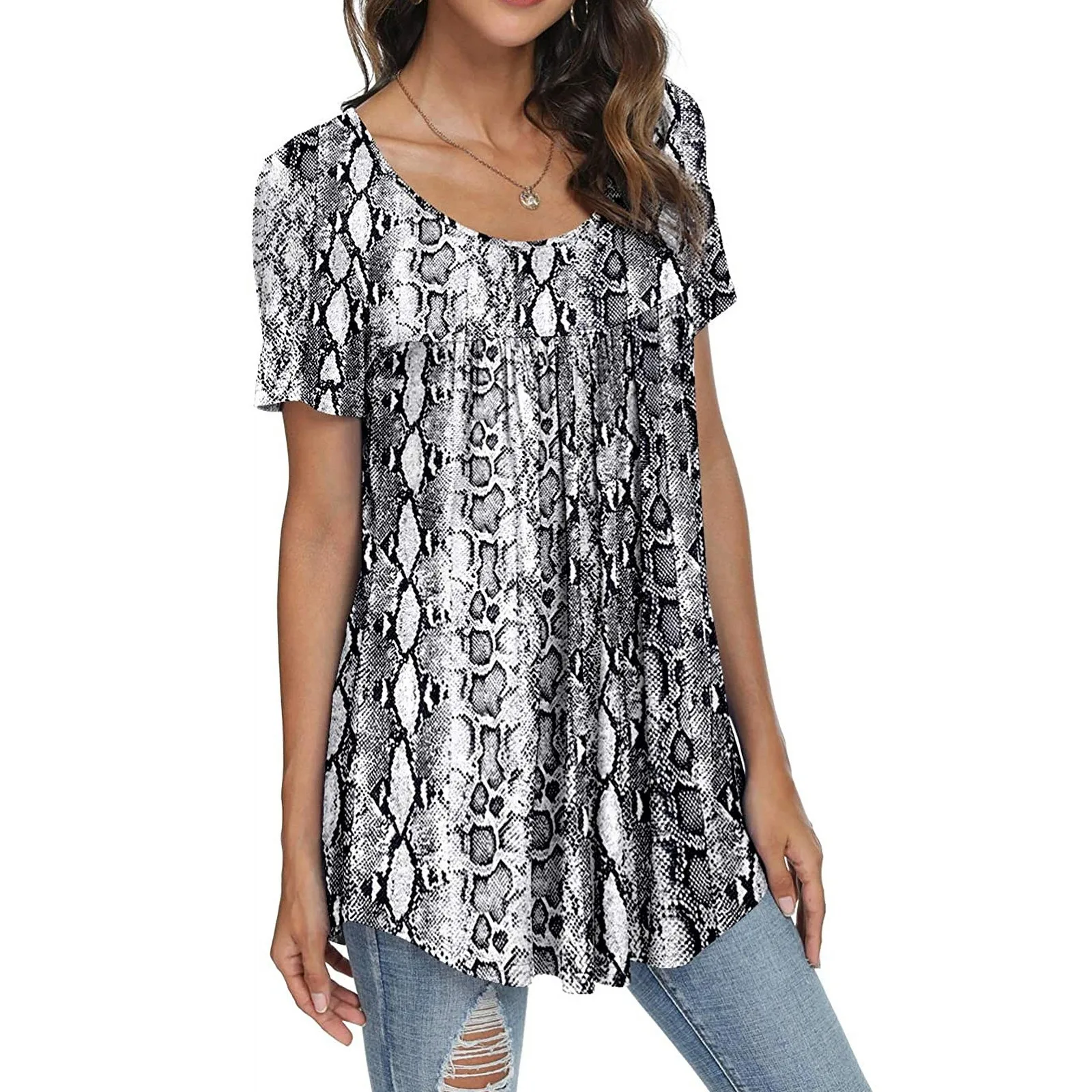 

Womens Serpentine Pattern T-Shirt Short Sleeve Crew Neck Tops Casual Shirts Summer Autumn Women's Top 2023 Vintage Tee Shirt
