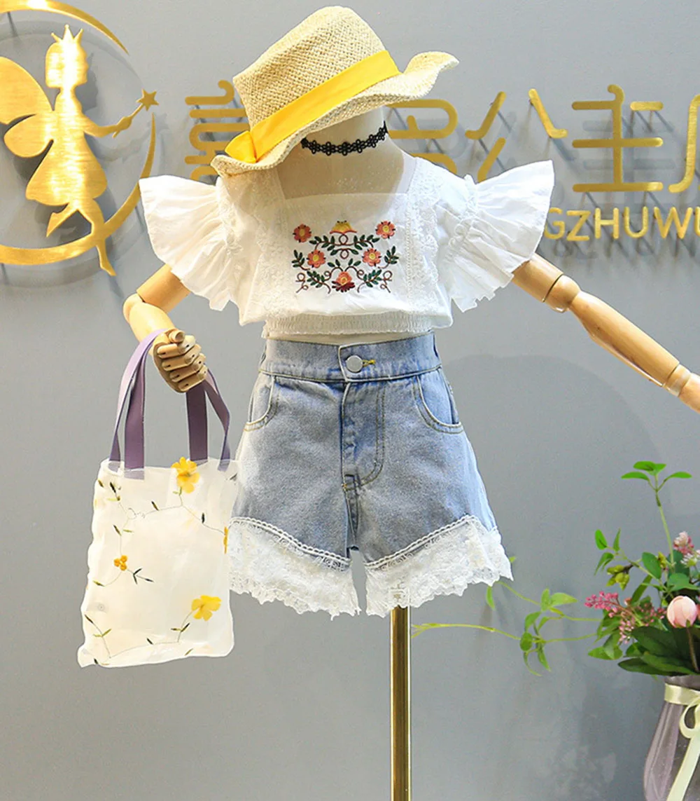 

3-7T Girl's Denim 2piece Set Summer Fashion Lace Square Collar Flying Sleeve Short Top T-Shirt+High Waistband Lace A-Line Shorts