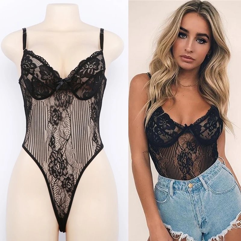 

Women Erotic Underwear Sexy Bodysuit Sleepwear Floral Lace Hollow Out Lingerie See Through Home Wear
