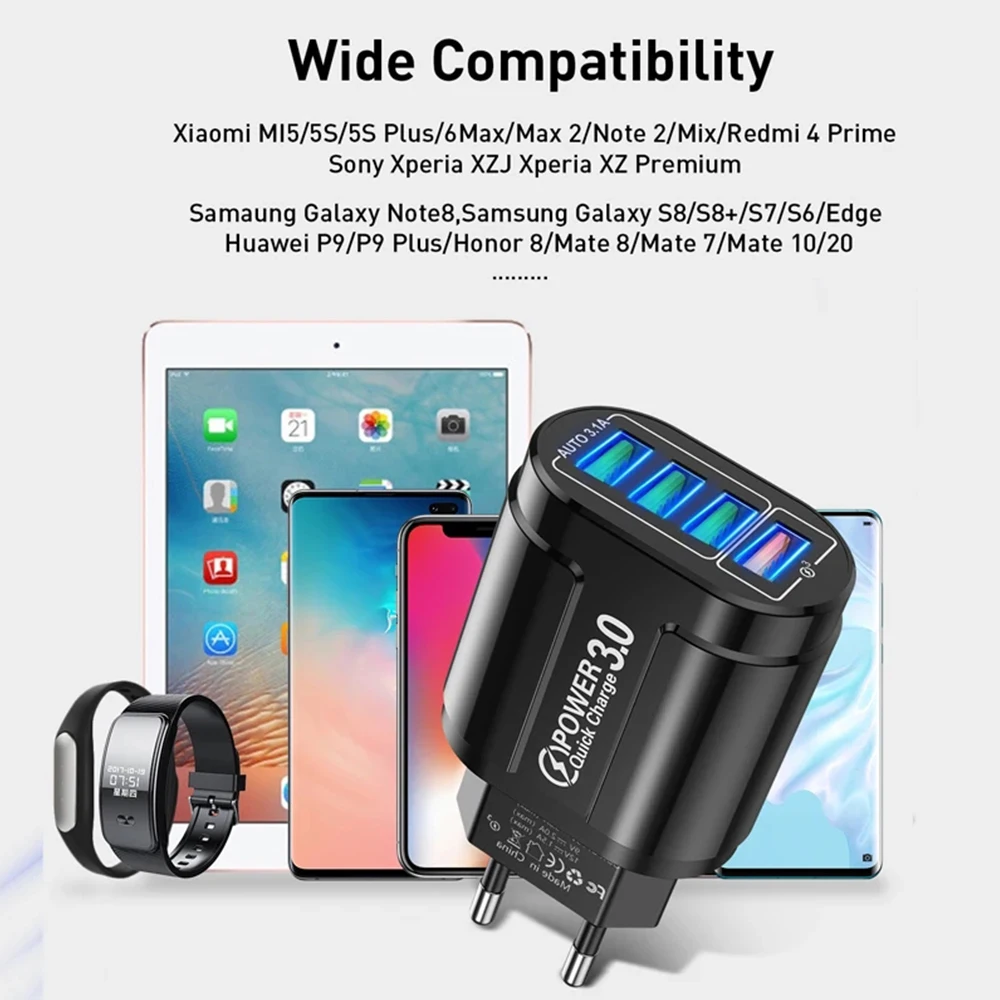48W QC3.0 Quick Charger 4USB EU Standard Travel Portable 4 Port Fast Charging Suitable For Android iPhone Xiaomi Other Devices BEST SELLERS