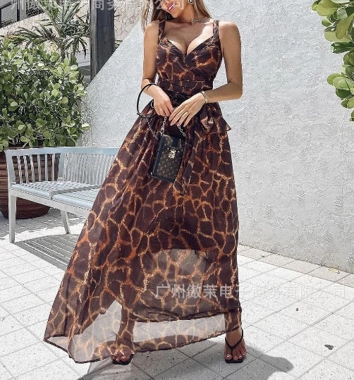 

Bandage Dress for Women Slim Backless Holiday Beach Maxi Dress Spaghetti Strap Leopard Print Long Dress Ladies Sleeveless Dress