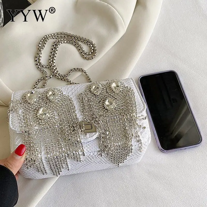 Newly Snakeskin Pattern Leather Women Clutch Handbag Bling Glitter Rhinestone Tassel Party Evening Messenger Purse Shoulder Bag