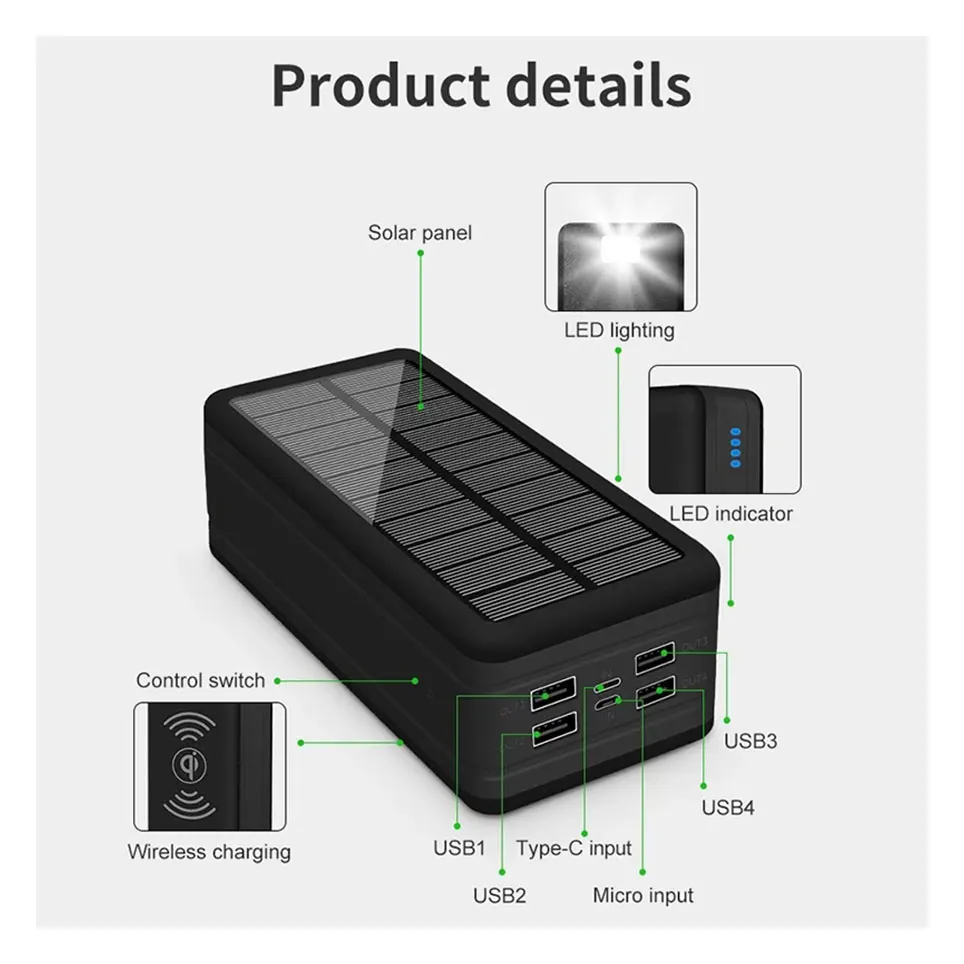 

Solar Power Bank 100000mAh Solar Charging Mobile Phone Wireless Charging Large Capacity Battery External Battery Fast Charging