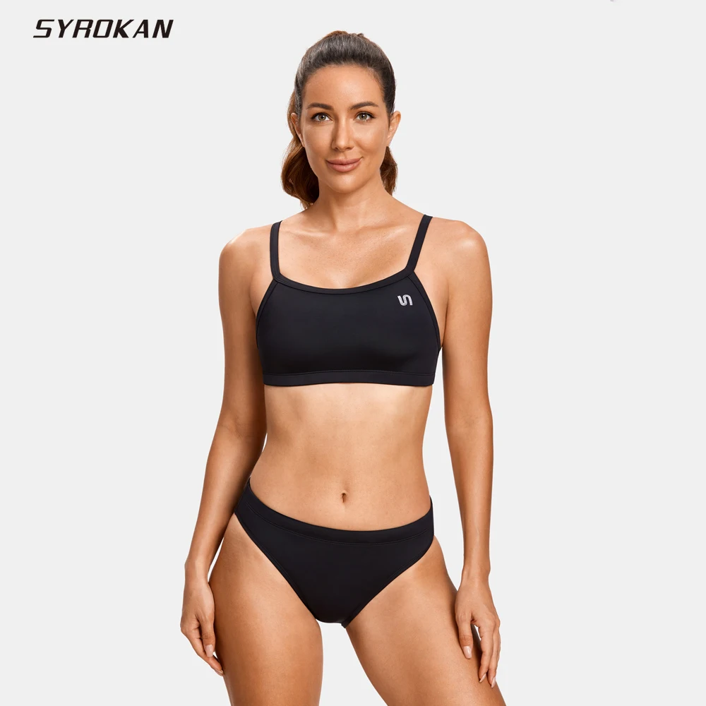 

SYROKAN Women's Athletic Training Bikini Set Workout Sport Two Piece Bathing Suits Low Waist Black Swimming Swimsuits Beachwear