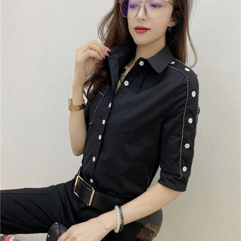 Y2k Shirt Female Tops Europe US Summer New Polo Collar Single Row Buckle Short Sleeved Solid Color Pocket Self Cultivation