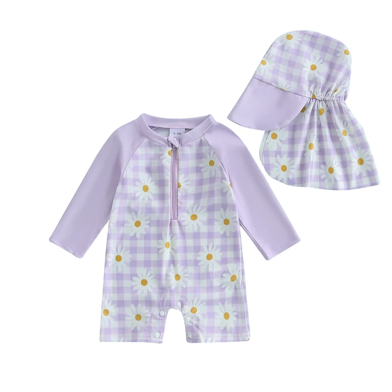 0-4T Toddler Girls Boys Rash Guard Swimsuit Playsuits Long Sleeve Daisy/Shark Print Kids Bathing Suit with Swim Cap