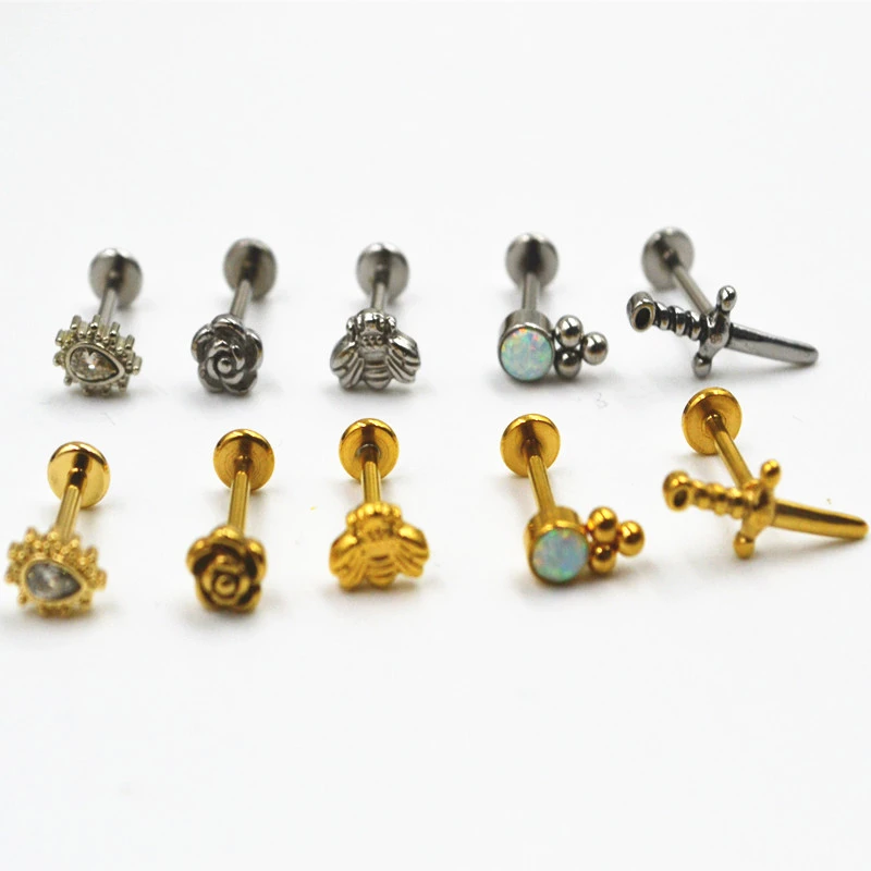 50Pcs Body Piercing jewelry 16G Opal Bee Rose Shape Lip Bar Labret Stud