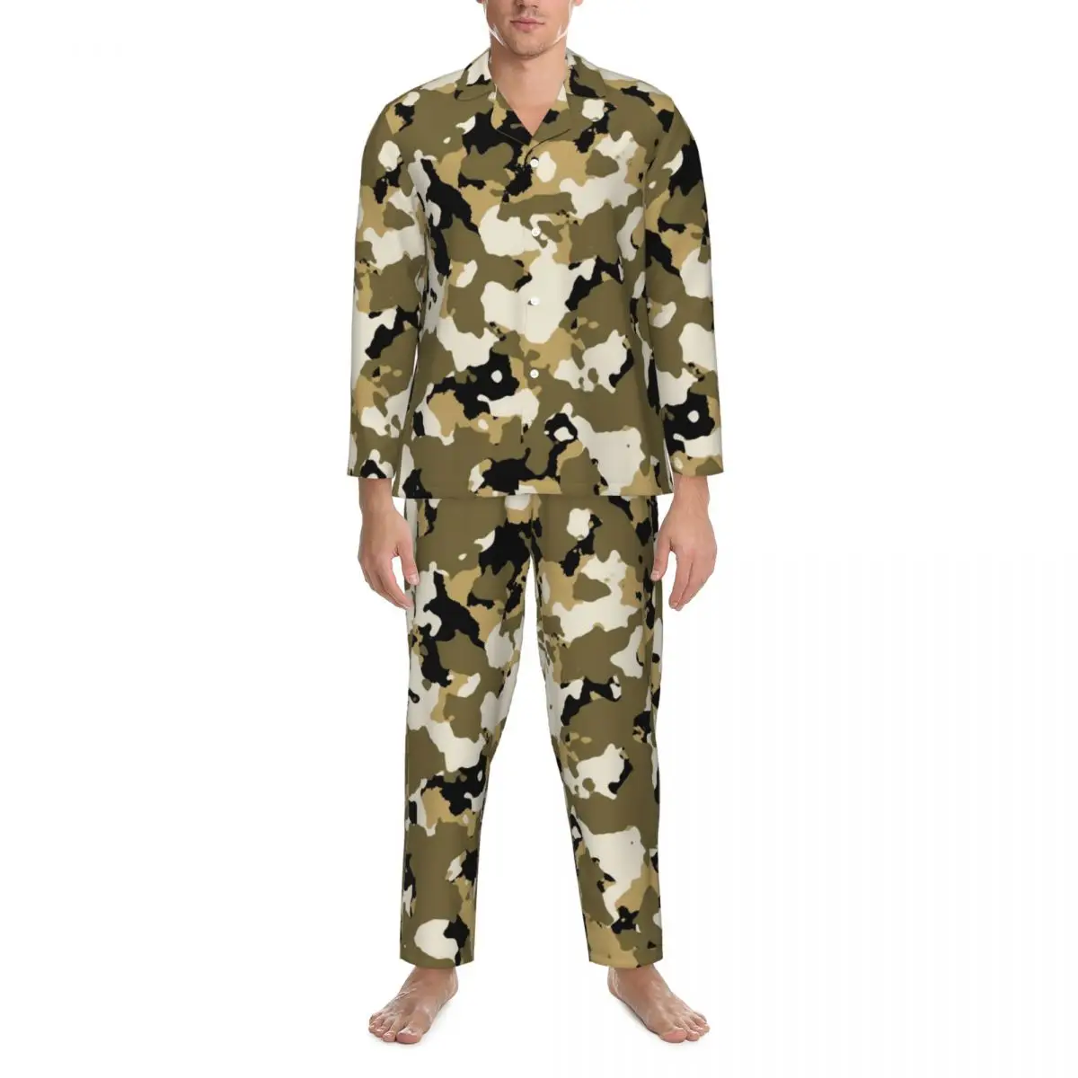 

Tan Camouflage Sleepwear Autumn Trendy Desert Camo Retro Oversized Pajamas Set Man Long Sleeve Kawaii Night Pattern Nightwear