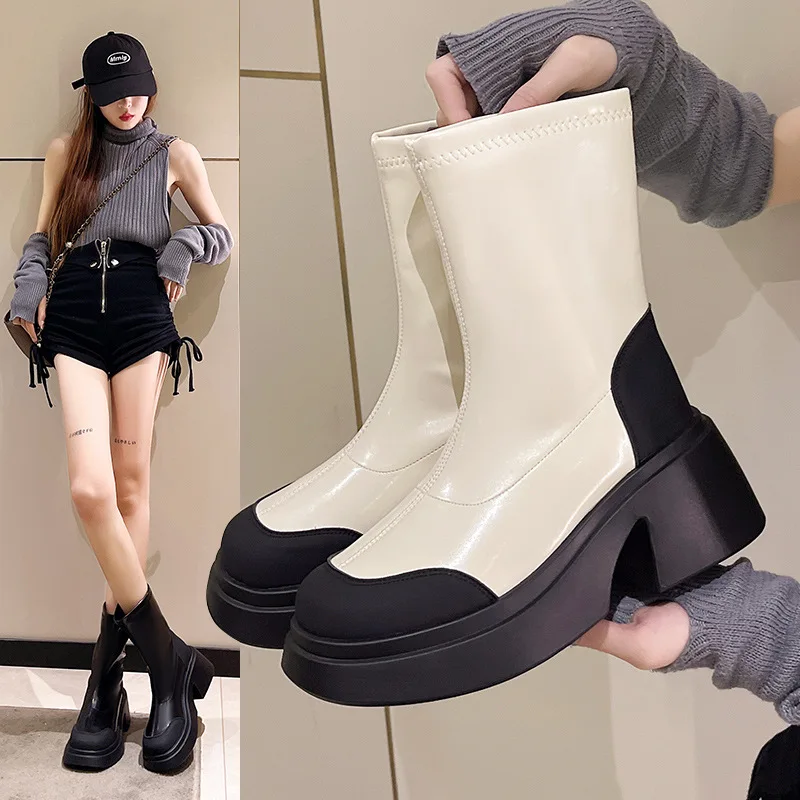 

Ladies Shoes on Sale 2024 Fashion Sleeve Women's Boots Winter Round Toe Mixed Colors Short Barrel Chunky Heel Chimney Boots