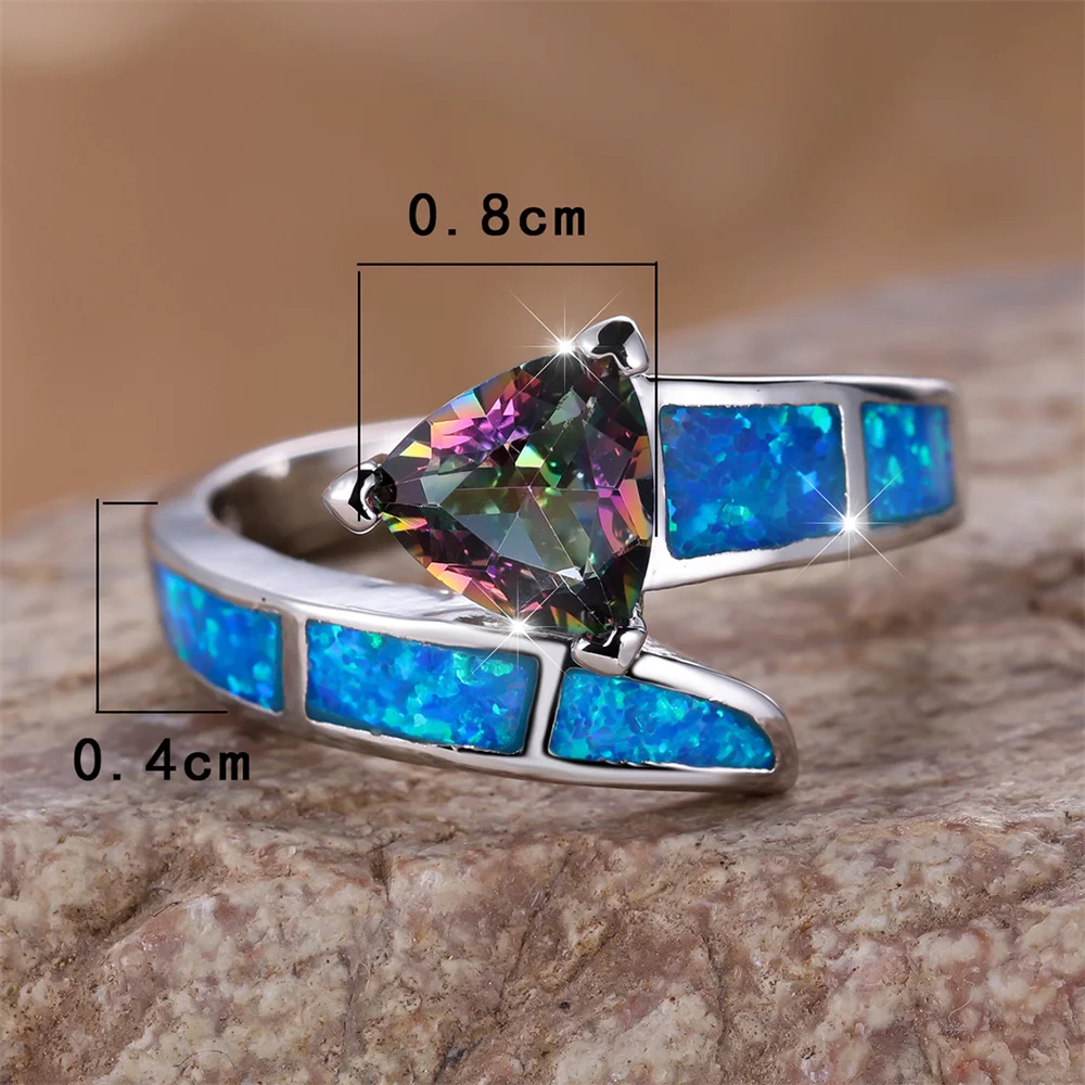 Mystic Rainbow Triangle CZ Stone Ring Blue Fire Opal Engagement Band Rings For Women Vintage Trendy Silver Color Wedding Jewelry