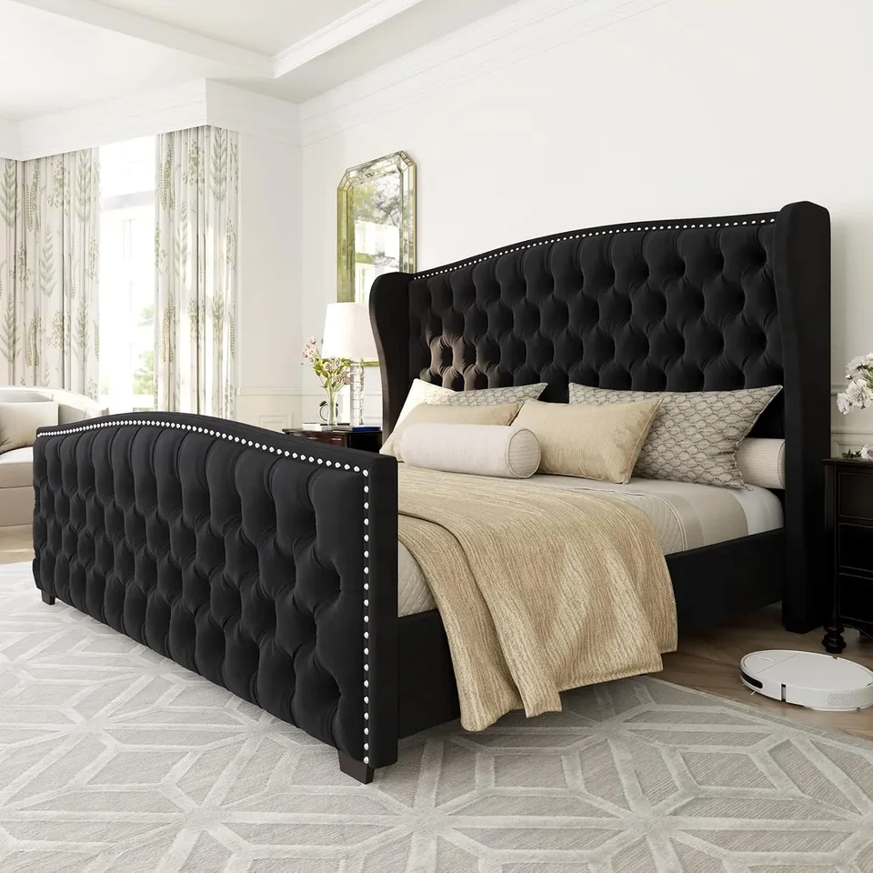 Elegant Queen Size Velvet Platform Bed Frame
