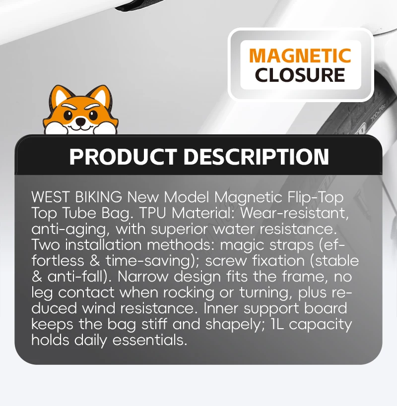 WEST BIKING Magnetische Flip-Fahrrad-Oberrohrtasche 1L Tragbare Wasserdichte Fahrrad-Vorderrahmentasche Fahrrad-Aufbewahrungstasche Fahrradzubehör – Detail 2