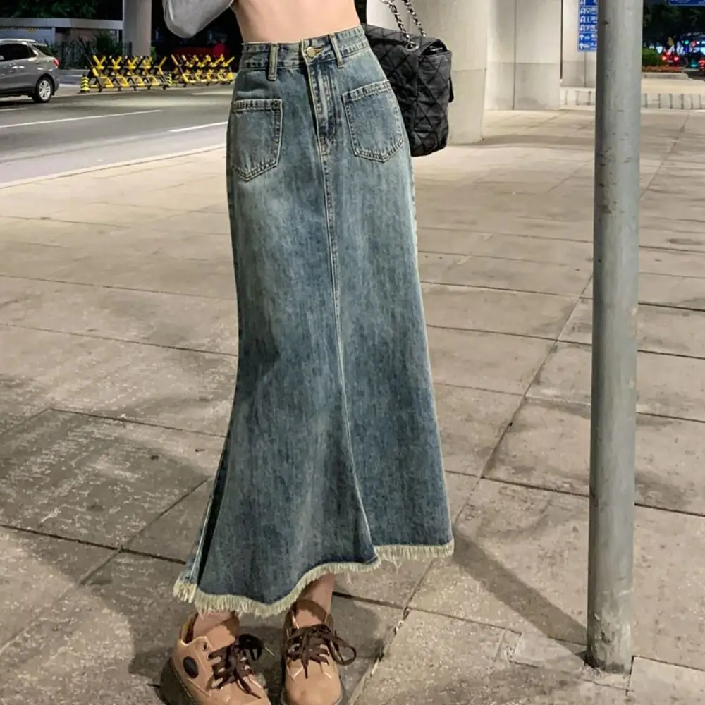 Fashion High Waist Denim Skirt Women Retro Solid Color High Waist Long Skirt Loose Chic Hairy Fishtail Skirt Girl