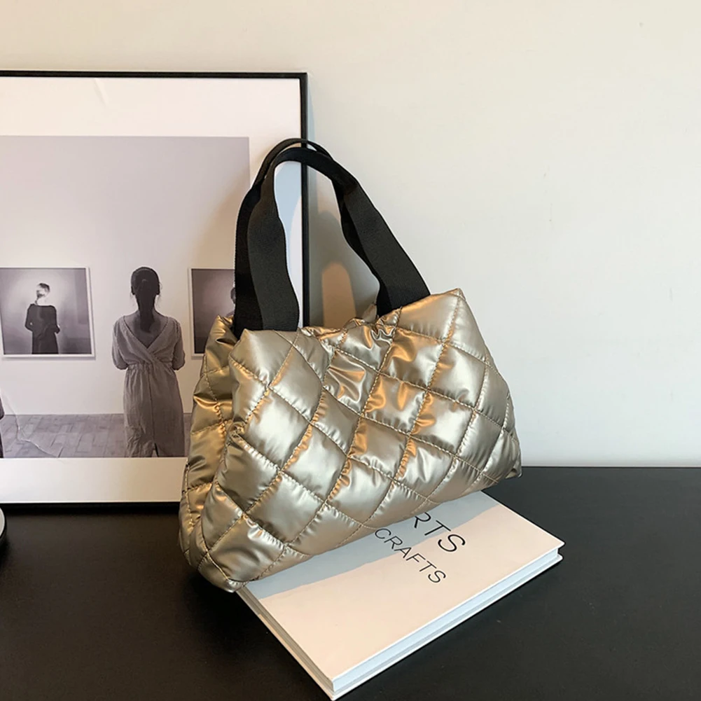 Women Quilted Hobo Handbag Large Capacity Casual Handbag Soft Solid Color Portable Cotton Girls Winter Bag