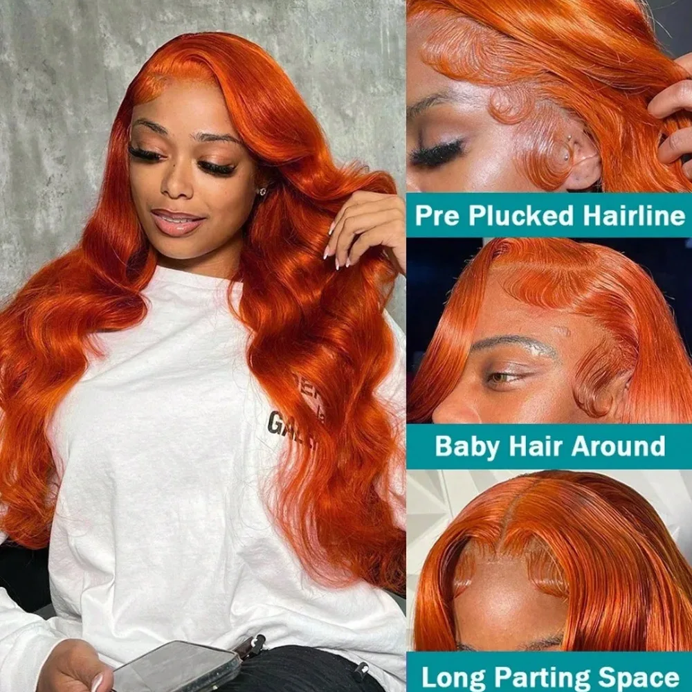 30 Inch Ginger Orange 13x4 HD Lace Frontal Wig Human Hair Pre Plucked 250% Body Wave Human Hair Lace Front Wigs for Women