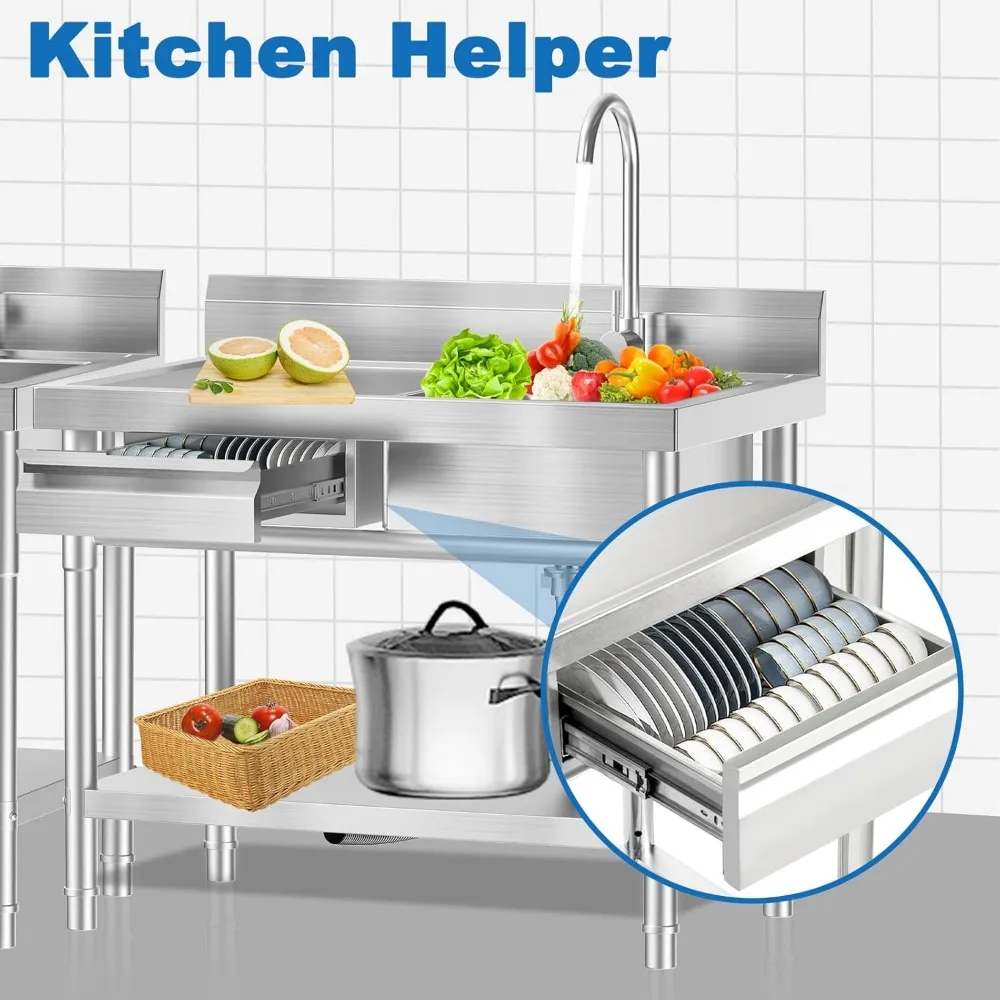 Stainless Steel Utility Sink Freestanding Single Bowl Laundry Sink with Hot and Cold Water Plumbing Workbench Drawers 6