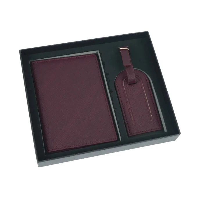 Saffiano Travel Duo: Minimalist Passport and Ticket Holder with Luggage Tag in Gift Box Set