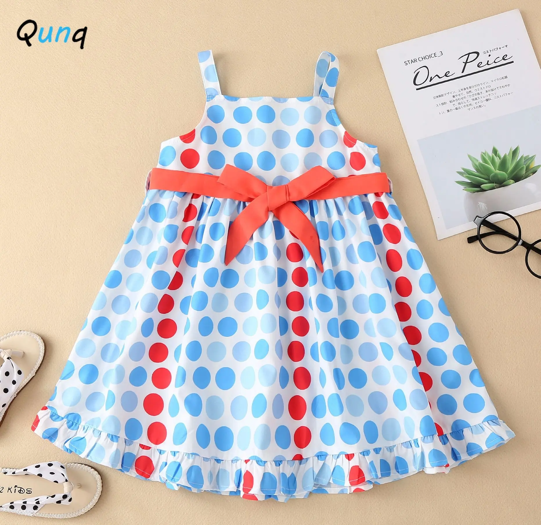 

Qunq Summer New Girls Suspender Polka Dot Bow Splice Sleeveless Vest Lovely Princess Dress Fashion Casual Kids Clothes Age 3T-8T