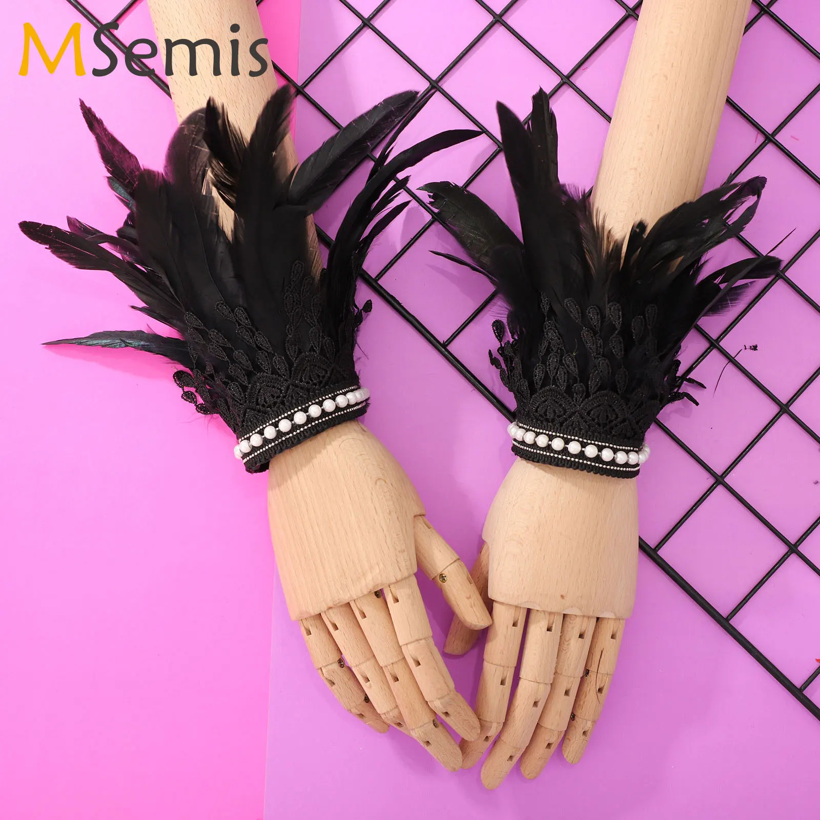 

Punk Gothic Gloves Feather Wrist Cuff Carnival Stage Show Showgirl Natural Dyed Rooster Feather Arm Warmer Party Cosplay Costume