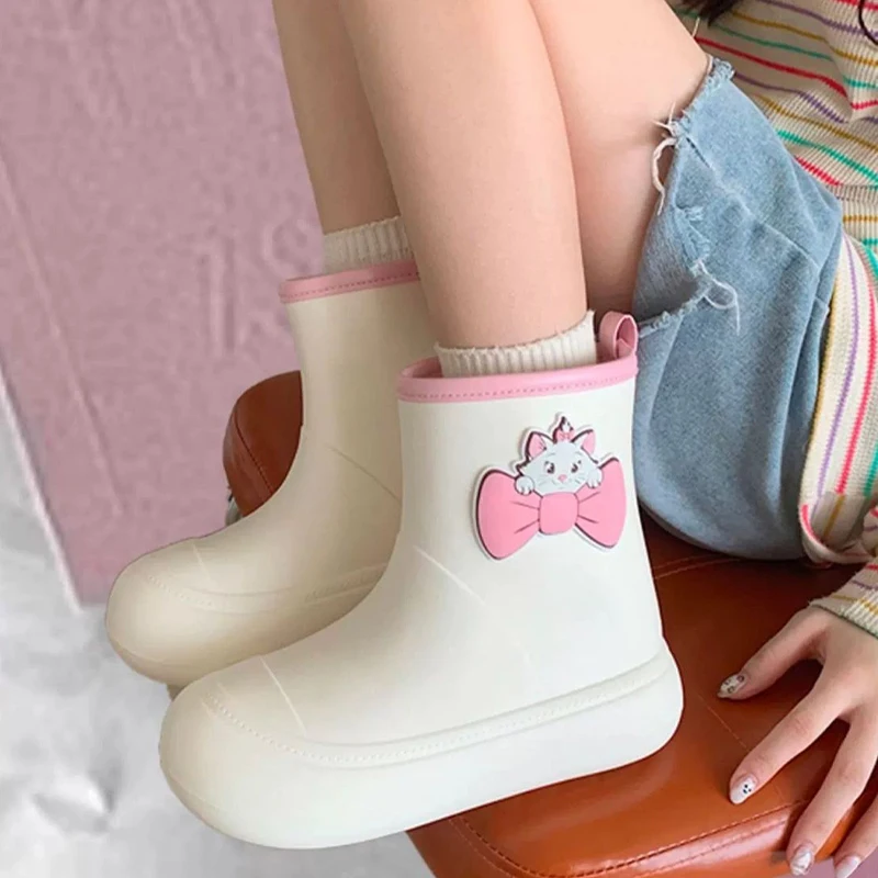 

Cute Cartoon Disney Marie Cat Outdoor Rain Boots Summer Fashion Thick Sole with Bow Decoration Shoes for Girl