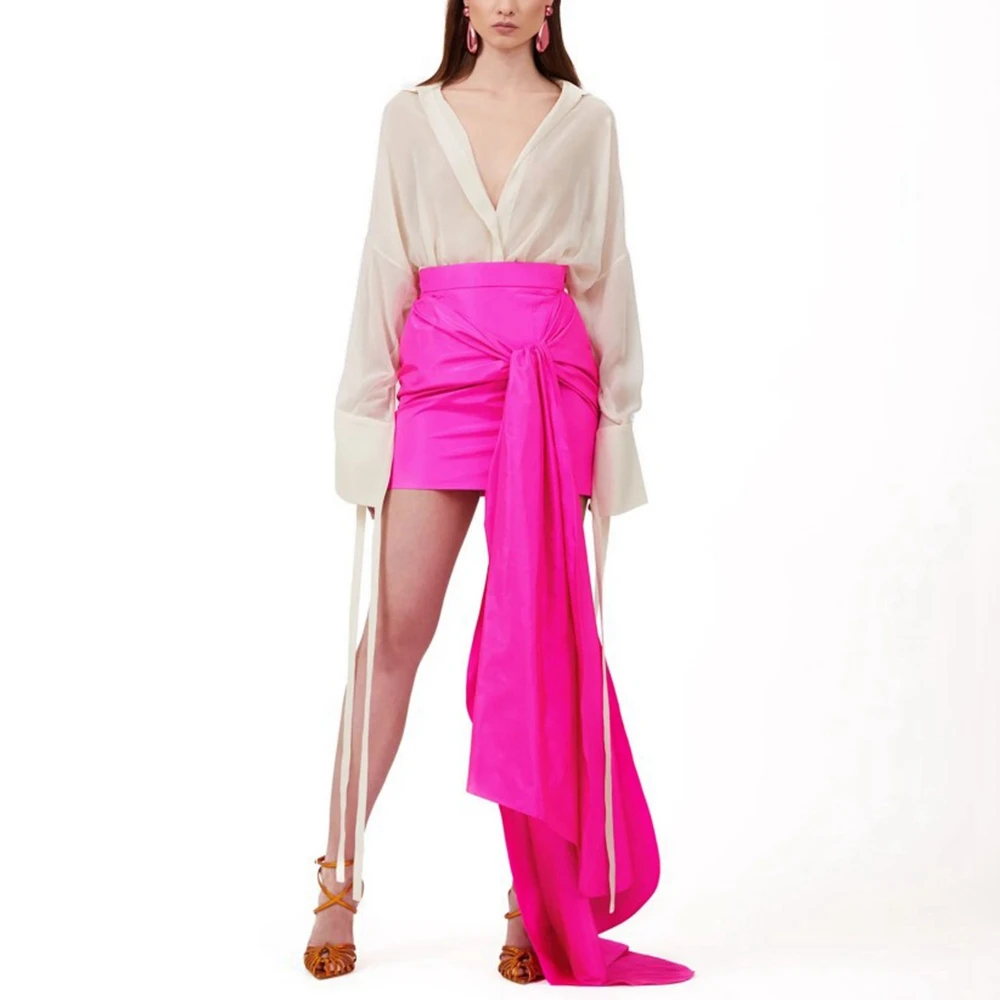 

Fashion Fuchsia Knot Short Satin Women Dresses Asymmetrical Mini Maxi Skirt Zipper Female Bottom Custom Made